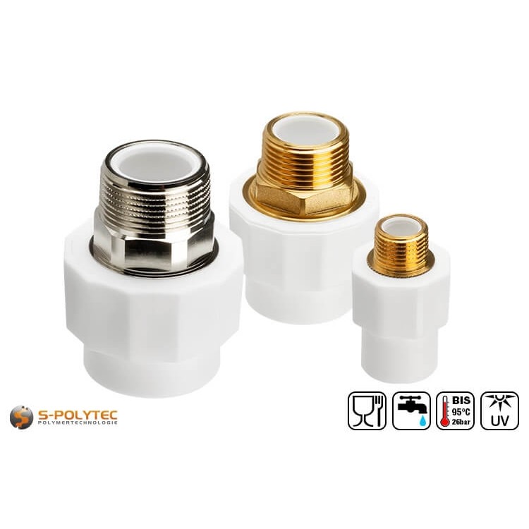 Wij bieden de witte PPR-koppelingen aan in de maten DN20, DN25, DN32 en DN40, alsook met buitenschroefdraad van 1/2 tot 1 1/4 inch