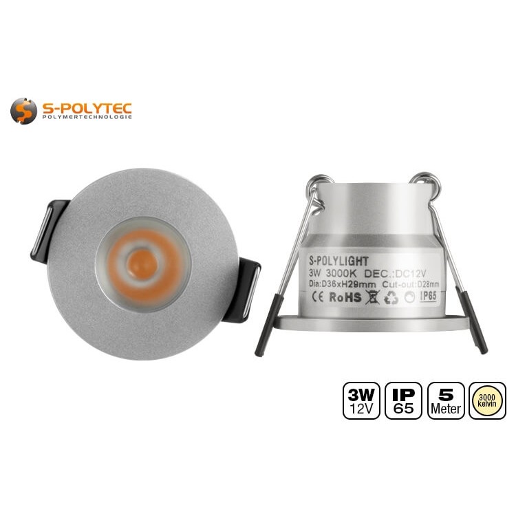 De zilveren Ø36mm LED spots vereisen een installatiediameter van 28mm en een installatiediepte van slechts 26mm