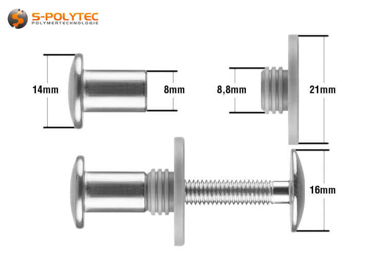 De set bevat één gelakte kop balkonschroef in M5x25mm of M5x30mm, draadbus en afstandshuls gemaakt van PE