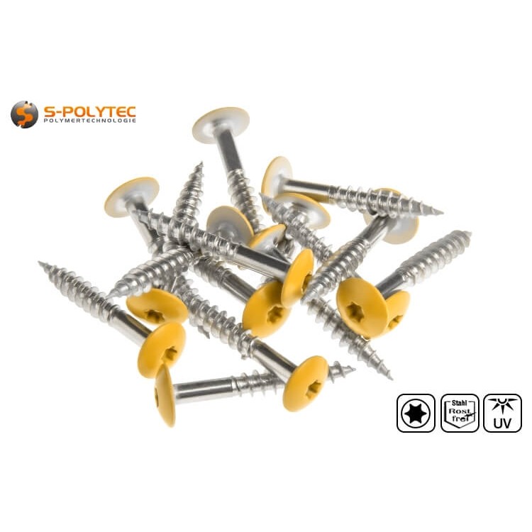 De goudgele schroeven in A4 roestvrij staal voor HPL panelen 