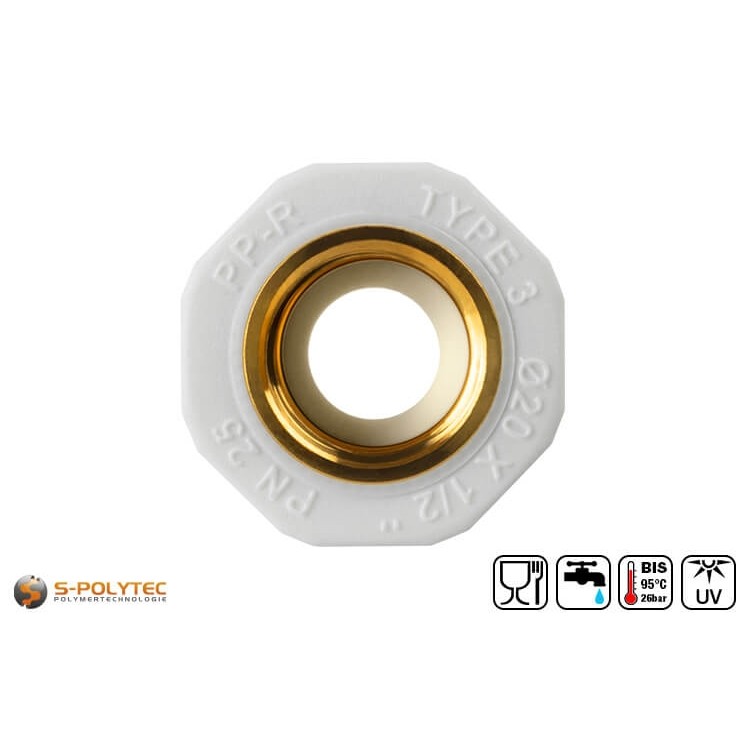 Aqua-Plus PP-R koppeling voor PP-R buizen voor PP-R buizen in verschillende afmetingen met messing binnendraad