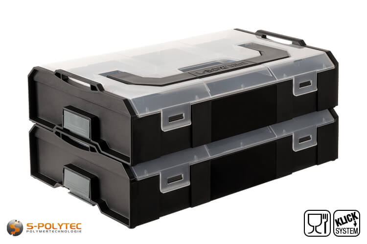 De ongevulde L-BOXX Mini in zwart met transparante deksel is stapelbaar dankzij het geïntegreerde kliksysteem