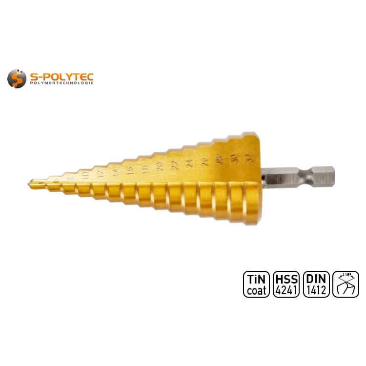 De HSS-stappenboor van staal heeft een coating van titaniumnitride voor optimale duurzaamheid en hittebestendigheid