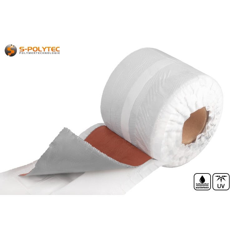 De EPDM-loodvervanger in rood is flexibel en buigzaam dankzij het roestvrije aluminium strekmetaal