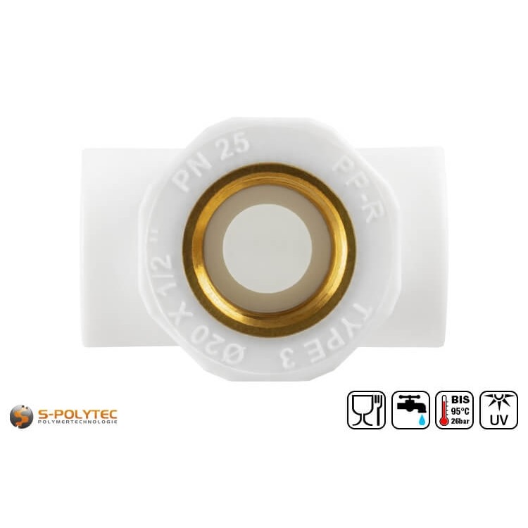 De witte Aqua-Plus PP-R T-stukken met schroefdraadaansluiting als uitvoering met binnendraad