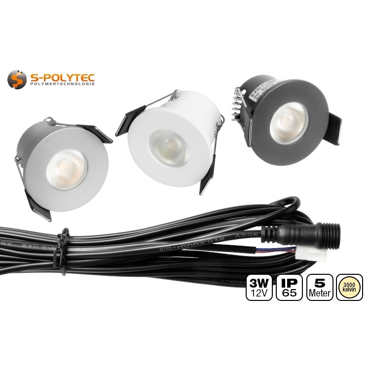 De 3W LED-inbouwspot voor buiten in warm wit met 3000K is verkrijgbaar in antraciet, zilver en wit