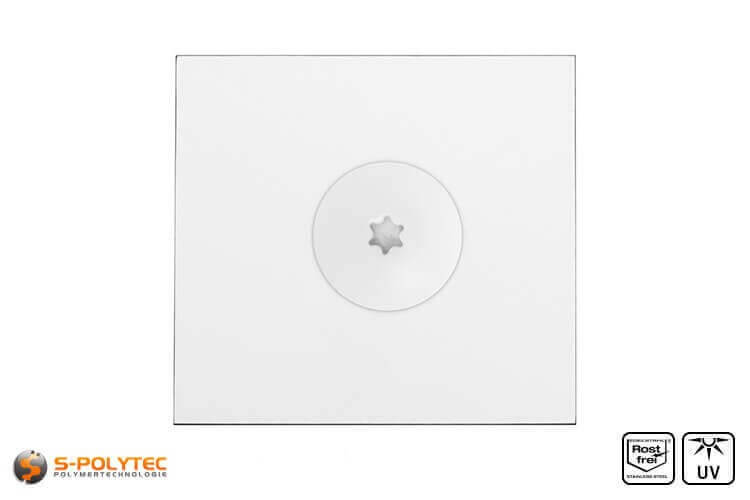 De balkonschroef in zuiver wit met een kopdiameter van 16 mm heeft een Torx-aandrijving in maat T20 (ISR20)