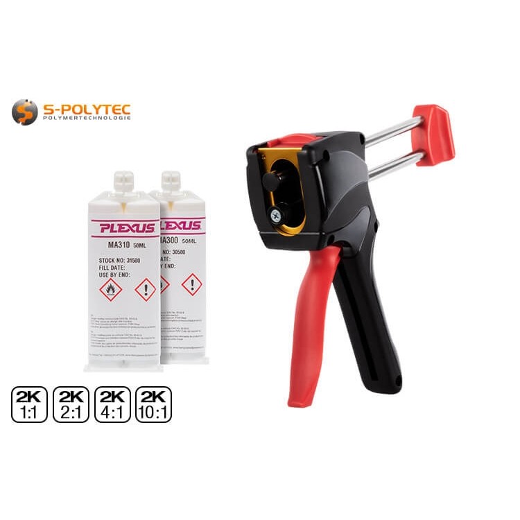 Die Klebepistole für 2-Komponenten-Klebstoffe ist für alle Kartuschenformen bis 50ml geeignet