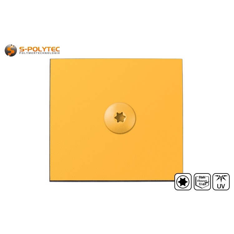 De kopschroeven in goudgeel zijn goedgekeurd voor geventileerde gevelbekledingssystemen met Trespa® Meteon® FR