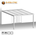 De vierkante terrasdak op maat gemaakt in wit met 16 mm dubbelwandige plaat van transparant polycarbonaat