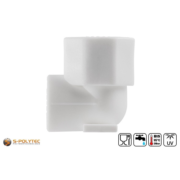 De Aqua-Plus PP-R aansluiting-hoek 90° 20mmx1/2 inch is geschikt voor PP-R buizen met Ø20mm