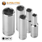 Inbussleutel met 3/8 inch vierkantaandrijving in verschillende breedtes over platte kanten van 8 mm tot 21 mm in lange uitvoering