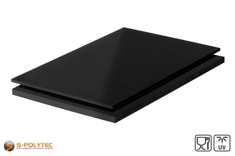 Polyethyleen platen (PE-UHMW, PE-1000) zwart met glad oppervlak in diktes vanaf 8mm tot 80mm als standaard formaat platen 2,0 x 1,0 meter