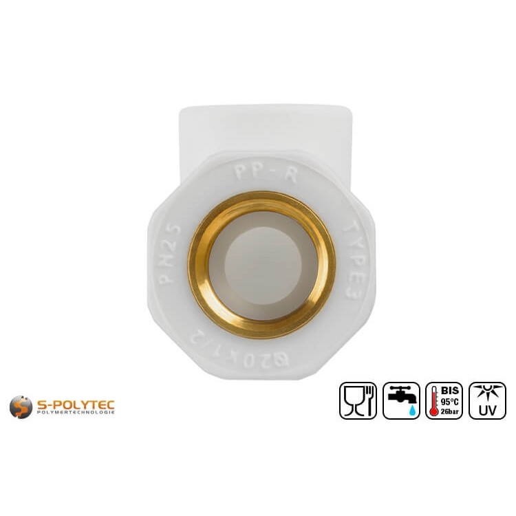 De Aqua-Plus PP-R elleboogkoppeling 90° DN20x1/2 inch IG in wit voor PP-R buizen met Ø20mm en heeft een binnendraad in 1/2 inch