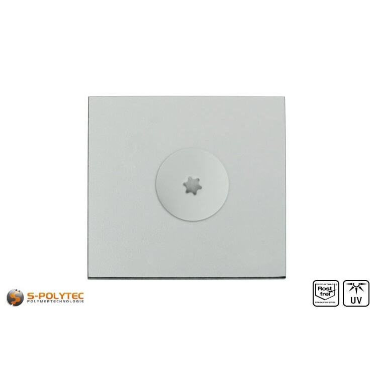 Balkonschroef RVS lichtgrijs op en HPL plaat in lichtgrijs 