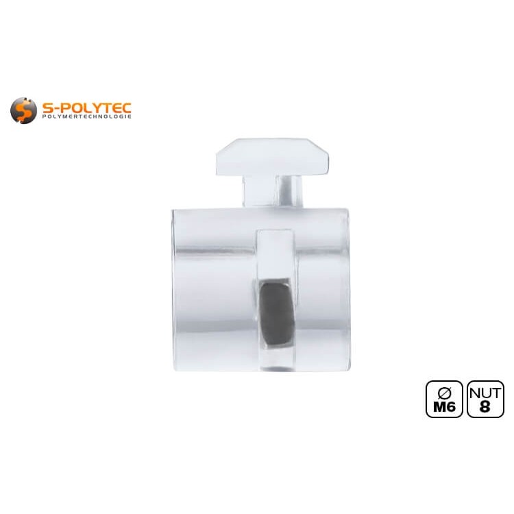 Het uniblock voor het veilig bevestigen van plaatelementen aan constructieprofielen heeft een M6 binnendraad