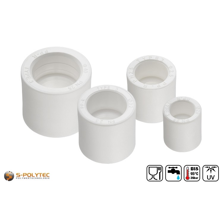 Wij bieden de witte PPR-koppelingen aan als verbindingsstukken voor PPR-buizen in de maten DN20, DN25, DN32 en DN40