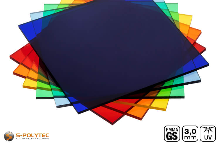 Wij bieden de gekleurde acrylglasplaten van gegoten PMMA aan in rood, blauw, groen, geel, oranje, lichtblauw en grijs.