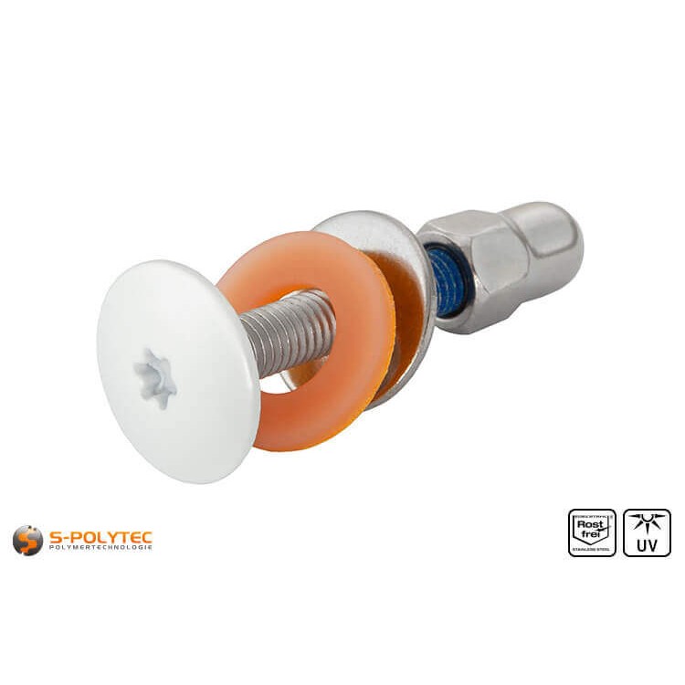 Balkonschroeven zuiver wit (RAL 9010) van roestvrij A2 staal met M5 schroefdraad in verschillende lengtes