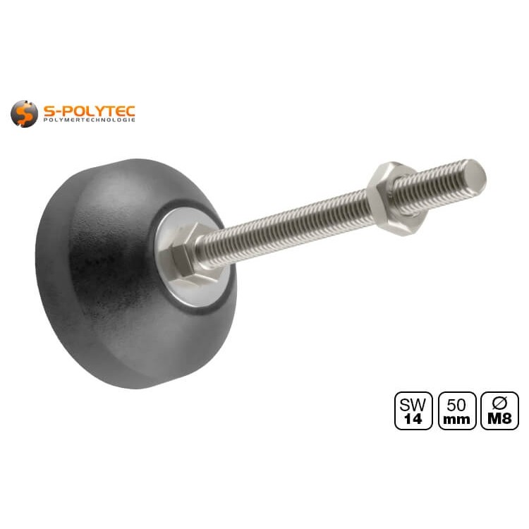 De basis Ø 50 mm met M8 schroefdraad voor bouwprofielen is verkrijgbaar met een schroefdraadlengte van 50 mm, 80 mm of 100 mm