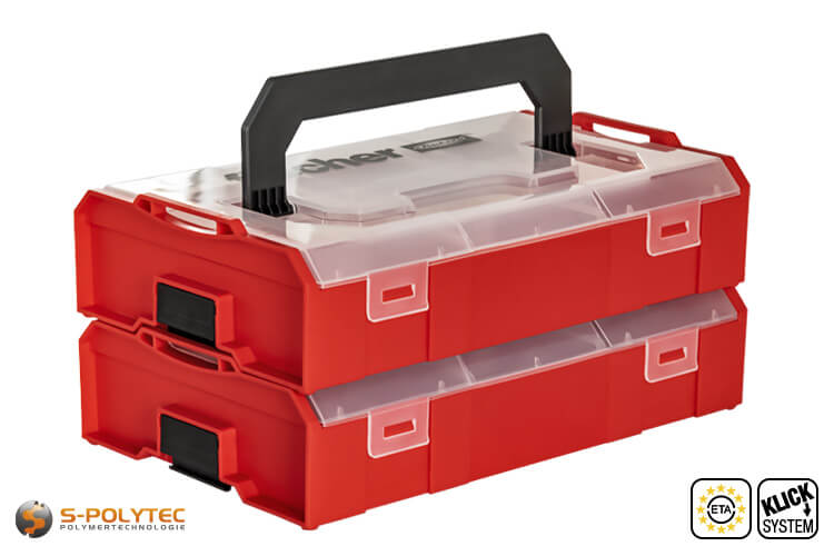 De herbruikbare L-BOXX Mini transportbox is stapelbaar en kan individueel worden ingedeeld dankzij de variabele compartimenten