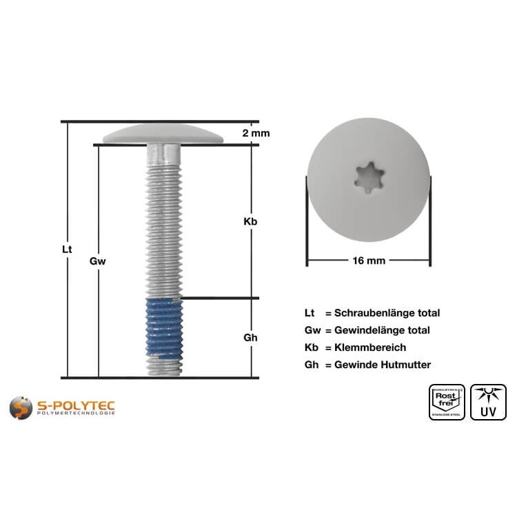 Balkonschroef met geverfde kop in lichtgrijs met 5mm schroefdraad