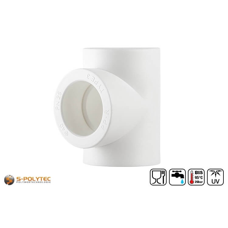 Aqua-Plus PP-R T-stukken in wit voor eenvoudige aftakking van een PP-R buis met identieke diameter	