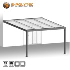 De vierkante terrasdak op maat in antraciet met transparante 16 mm polycarbonaatplaat met dubbele huid