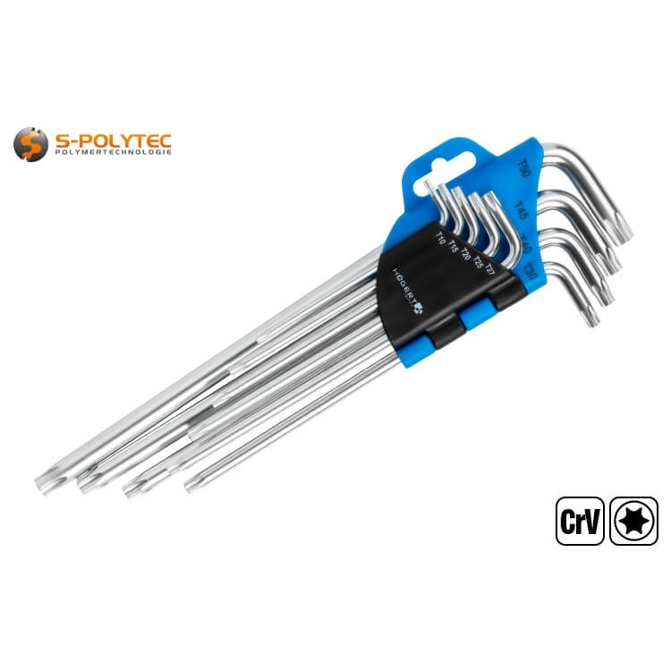De Torx-sleutelset bevat de meest gangbare maten in T10, T15, T20, T25, T27, T30, T40, T45 en T50