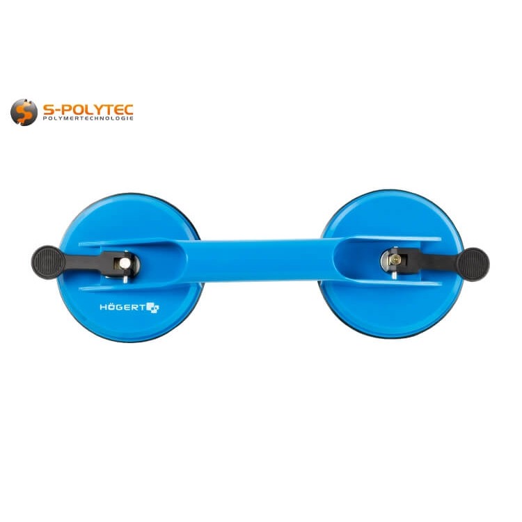 De behuizing van de vacuümplatenheffer met twee zuigkoppen Ø120mm is gemaakt van slagvast, robuust kunststof