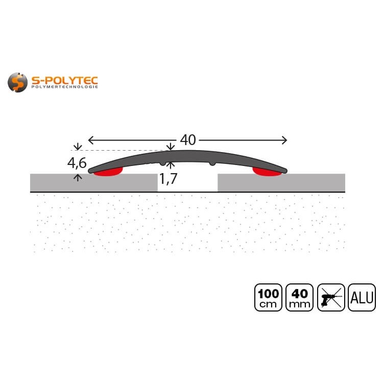De zelfklevende geanodiseerde aluminium vloerprofielen zijn 40mm breed met een profielhoogte van 4,6mm
