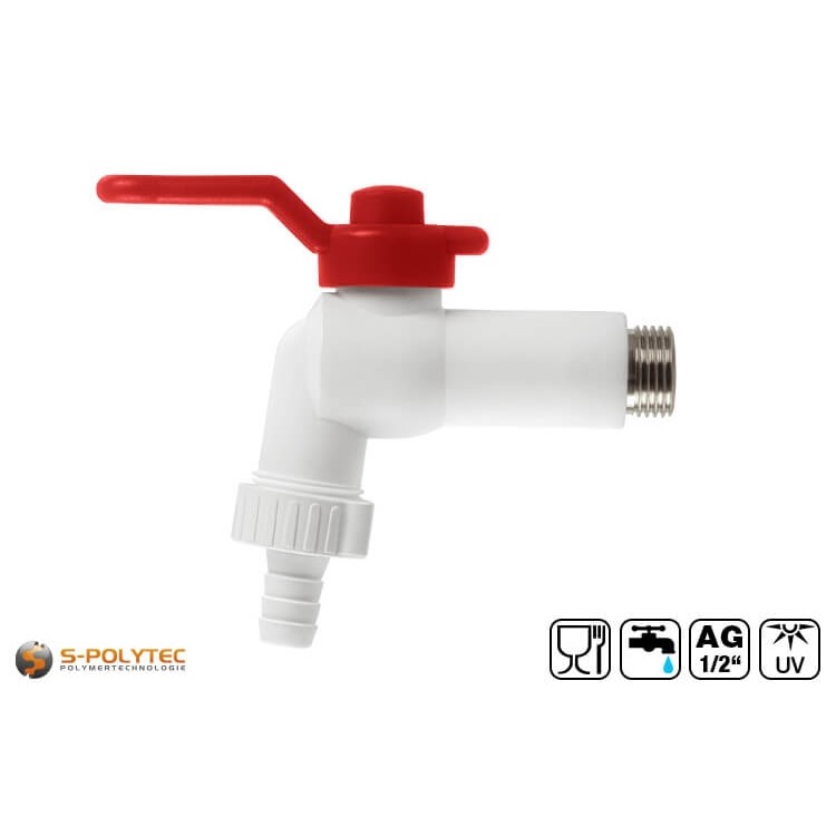 Wij bieden de witte PPR kogeluitloopkraan met buitendraad voor alle wandaansluitingen met 1/2 inch binnendraad