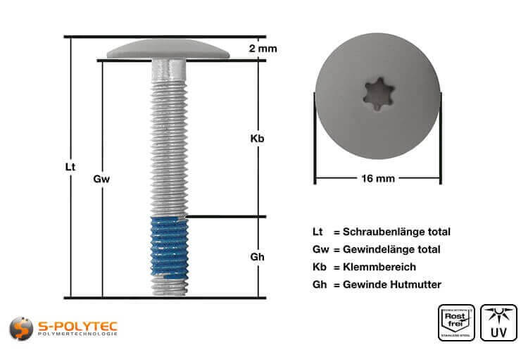 Balkonschroef met geverfde kop in stofgrijs met 5mm schroefdraad