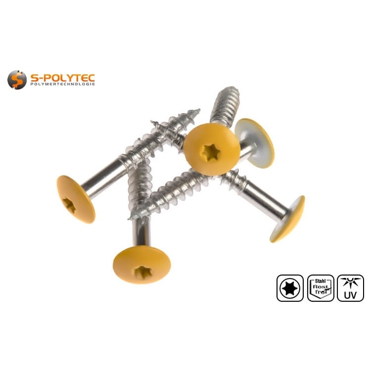 Gevelschroeven volgens DIN EN 14592 voor Trespa® Meteon® FR HPL panelen in Goudgeel (A04.1.7) met Satijnen Finish