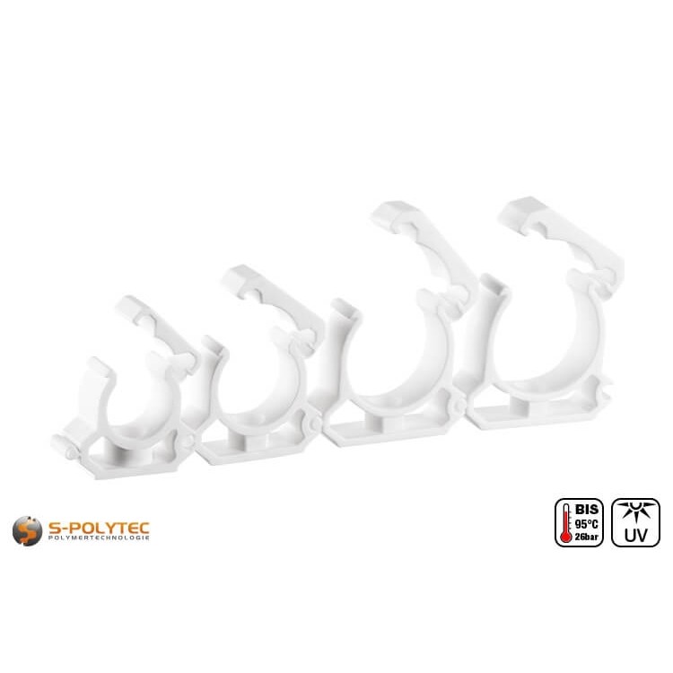 Wij bieden de witte PPR kunststofklemmen voor veilige buisbevestiging aan in de maten DN20, DN25, DN32 en DN40