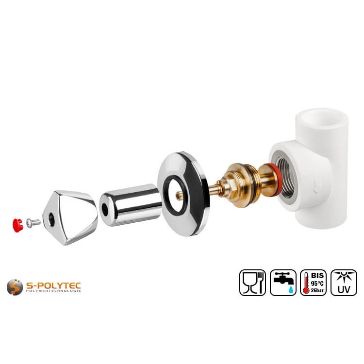 De Aqua-Plus afsluiter bestaat uit de PP-R fitting, het bovenste deel van de klep, chromen afdekkappen en de kaphandgreep