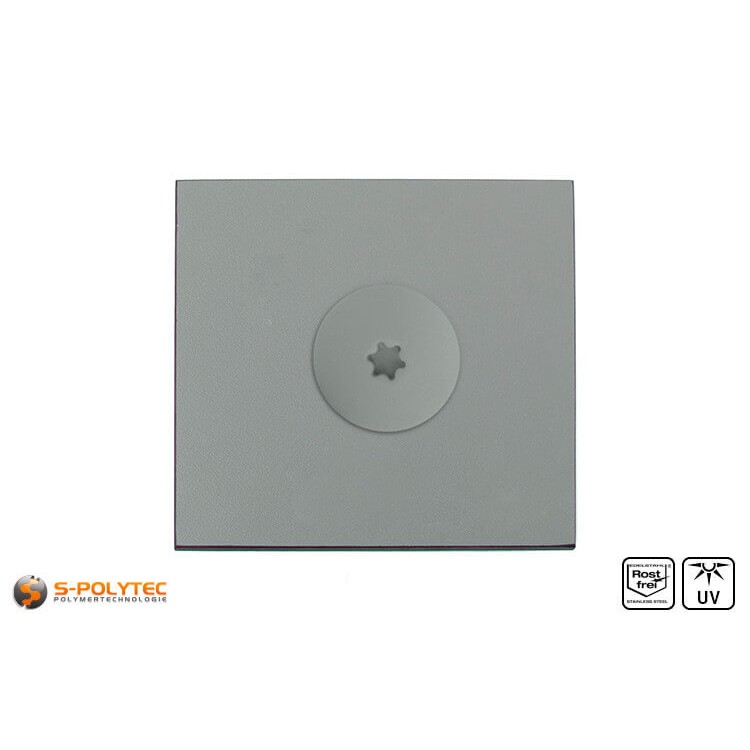 Balkonschroef RVS stofgrijs op en HPL plaat in stofgrijs 