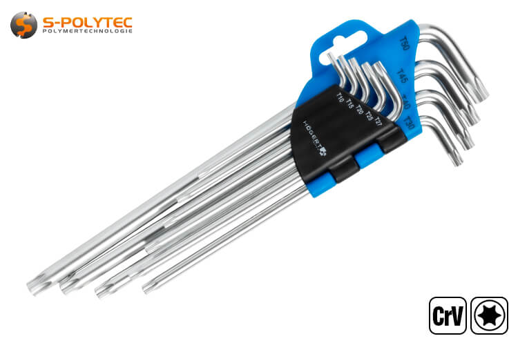 De Torx-sleutelset bevat de meest gangbare maten in T10, T15, T20, T25, T27, T30, T40, T45 en T50