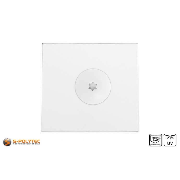 De balkonschroef in zuiver wit met een kopdiameter van 16 mm heeft een Torx-aandrijving in maat T20 (ISR20)