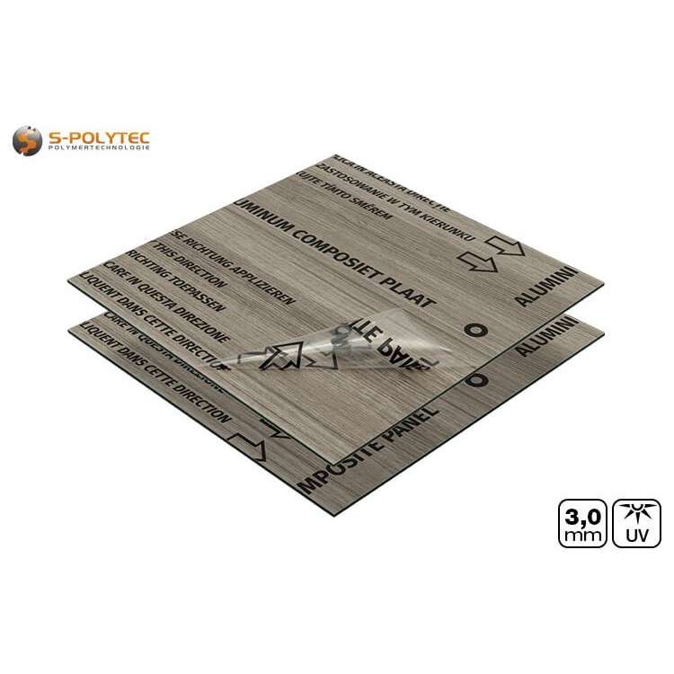 Het oppervlak van de aluminium sandwichpanelen in houtlook grijs essen is voorzien van beschermfolie