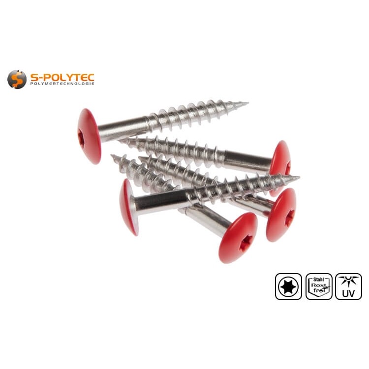 Gevelschroeven volgens DIN EN 14952 voor Trespa® Meteon® FR HPL-platen in Carmine Red (A12.3.7) met satijnglans.	