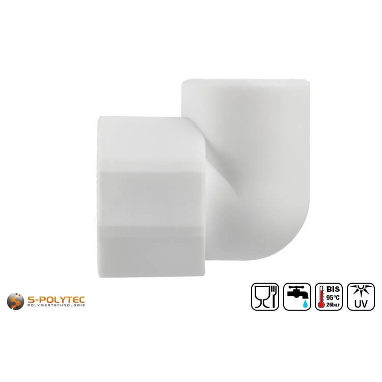 De witte Aqua-Plus 90° PP-R elleboogkoppelingen met binnendraad van messing zijn verkrijgbaar in verschillende uitvoeringen