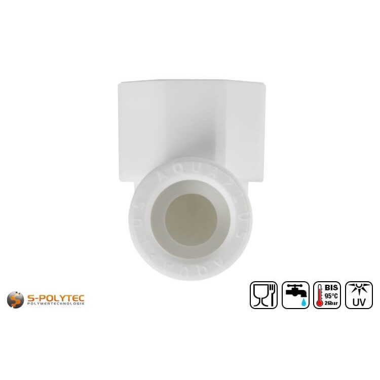 Wij bieden de witte PPR 90° hoeken aan in de maten DN20, DN25 en DN32 en koppelingen met binnendraad van 1/2 inch tot 1 inch