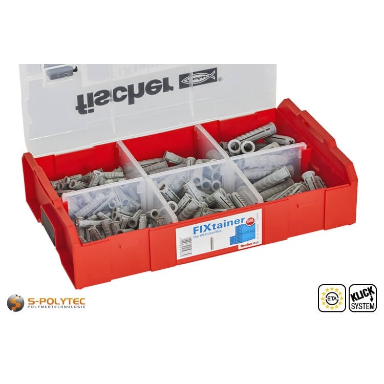 De fischer FIXtainer SX bevat 120 pluggen in 6x30mm, 60 pluggen in 8x40mm en 30 pluggen in 10x50mm