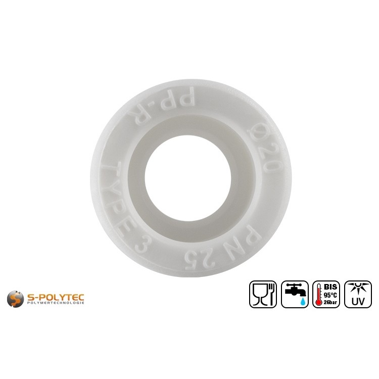 Aqua-Plus PP-R verbinding in wit voor het verbinden van twee PP-R buizen met identieke diameter