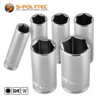 Inbussleutel met 1/2 inch vierkantaandrijving in verschillende breedtes over platte kanten van 8 mm tot 32 mm in lange uitvoering