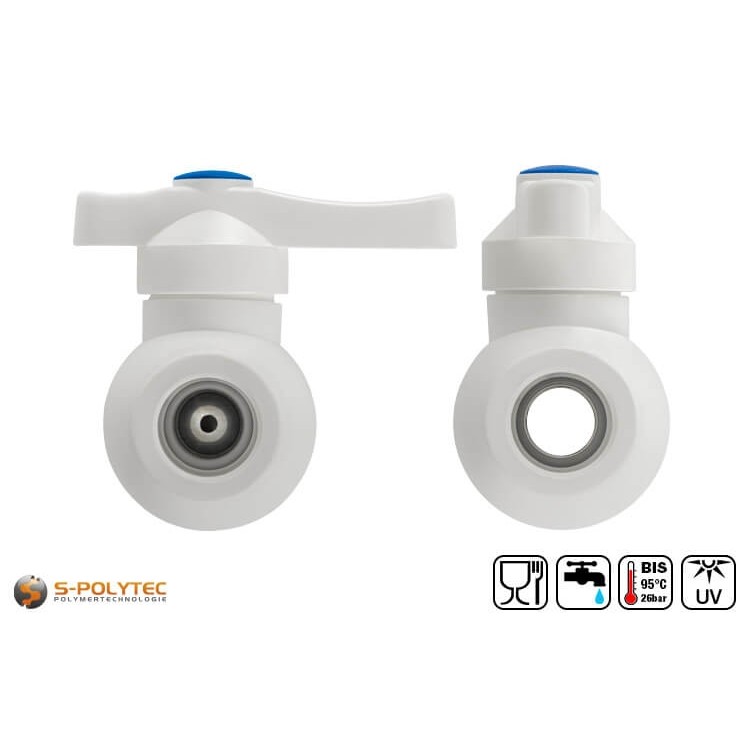 De Aqua-Plus PP-R kogelkraan voor lasverbinding in wit met volle doorlaat voor verliesvrije doorstroming	