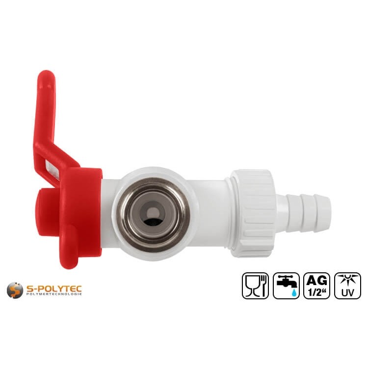 De witte Aqua-Plus PP-R uitloopkraan is voorzien van een 13mm schroefbare slangaansluiting