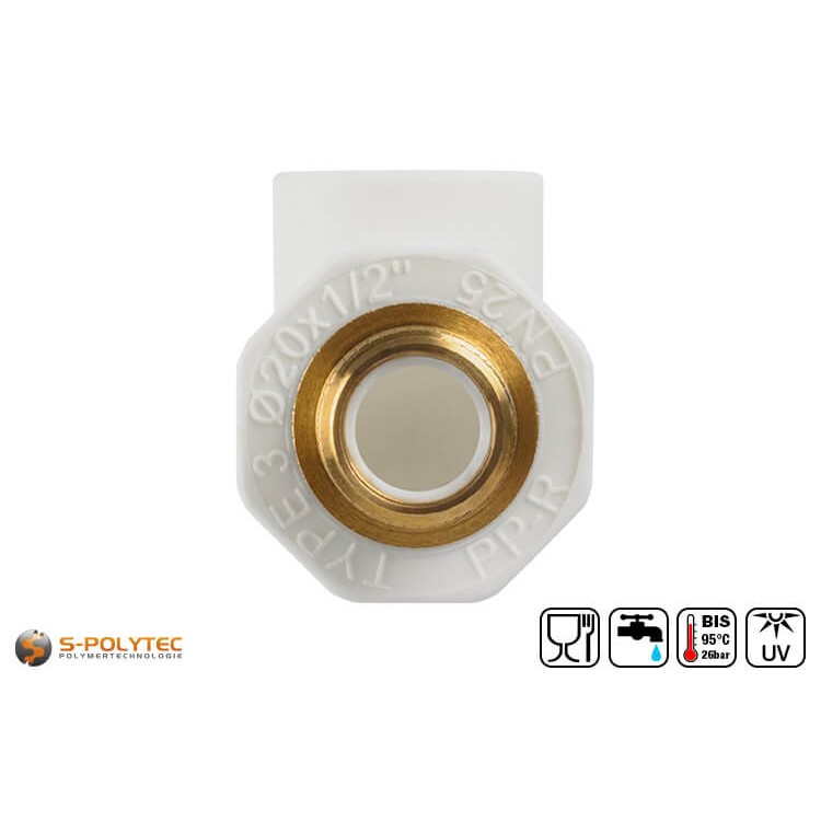 De Aqua-Plus PP-R elleboogkoppeling 90° DN20x1/2 inch AG in wit voor PP-R buizen met Ø20mm en heeft een buitendraad in 1/2 inch