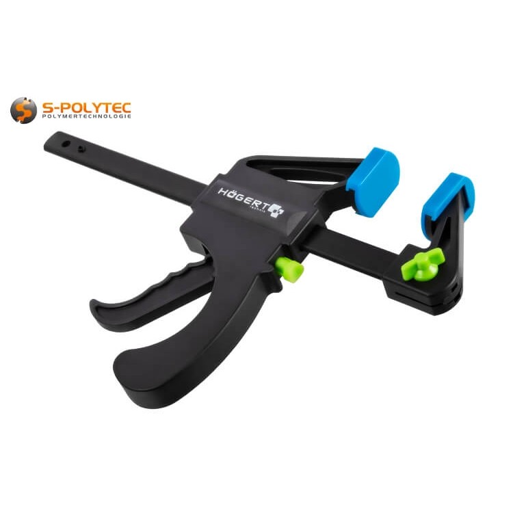 Hoogwaardige eenhandige klem met geprofileerde stalen rail en robuuste polyamide klembekken in verschillende maten